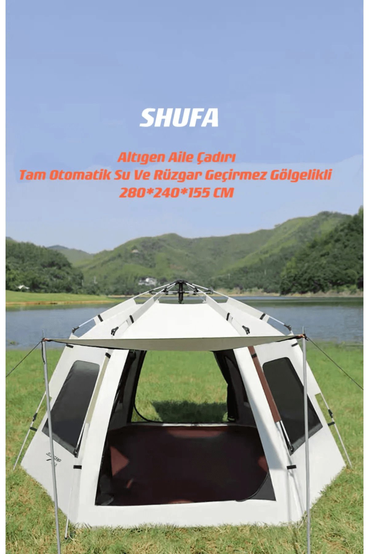 SHUFA Tam Otomatik Su Ve Rüzgar Geçirmez Gölgelikli Altıgen Aile Çadırı 280x240x155 Cm BEJ