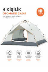 4 Kişilik Tam Otomatik Kurulum Dayanaklı Gölgelikli Kamp Çadırı 2 Kapılı-Sineklikli 200x200x135 Cm