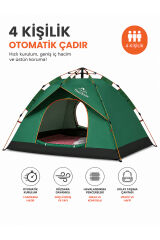 4 Kişilik Tam Otomatik Kurulum Dayanaklı Gölgelikli Kamp Çadırı 2 Kapılı-Sineklikli 200x200x135 Cm