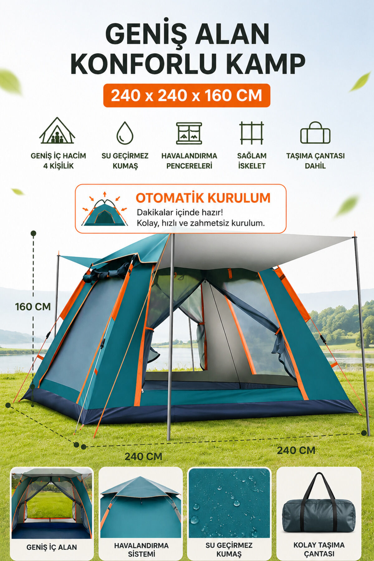 6 Kişilik Tam Otomatik Tenteli Çift Kapılı Kamp Çadırı 250x250x160