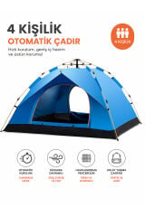 4 Kişilik Tam Otomatik Kurulum Dayanaklı Gölgelikli Kamp Çadırı 2 Kapılı-Sineklikli 200x200x135 Cm